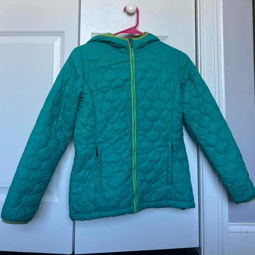 Lands' End Teal Quilted Jacket with Lime Accents